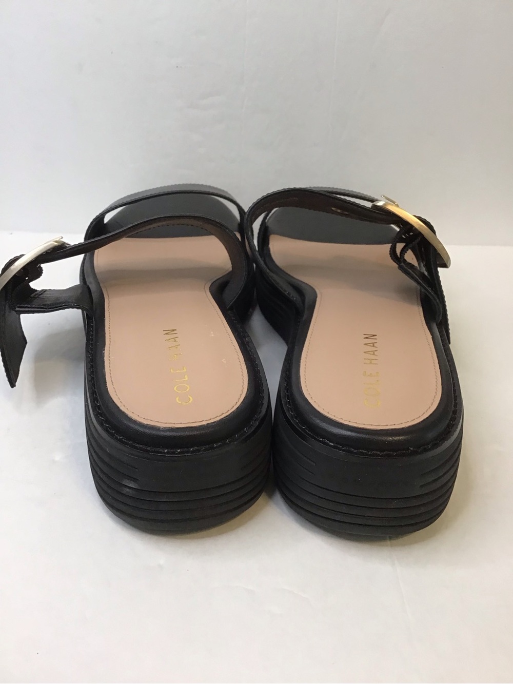 COLE HAAN Women's Black Leather Double-Strap Wedge Slides with Gold Buckle 9 - Picture 6 of 8